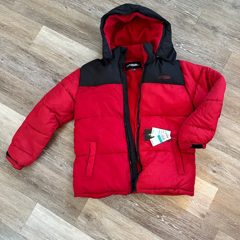 Red and Black Hooded Puffer Jacket